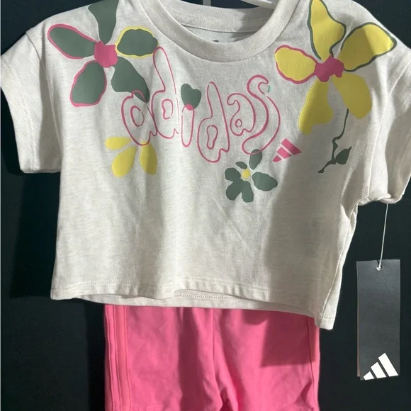 Adidas Floral Logo Tee And Shorts Set— Size 12M - Picture 1 of 3